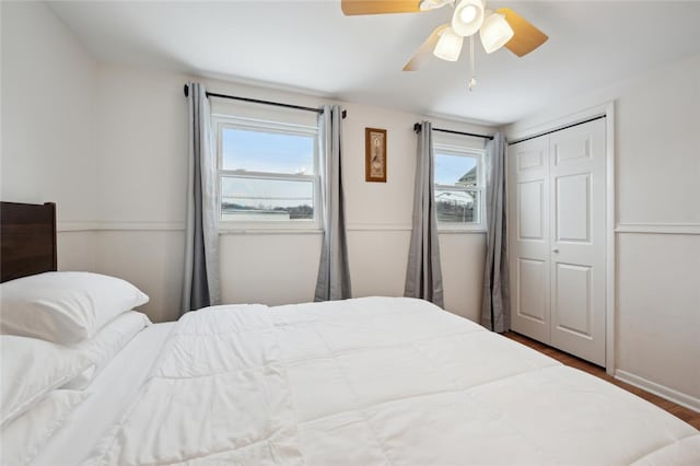 bedroom featuring multiple windows, ceiling fan, a closet, and wood-type flooring