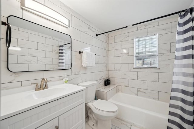 full bathroom featuring shower / tub combo with curtain, vanity, tile walls, and toilet