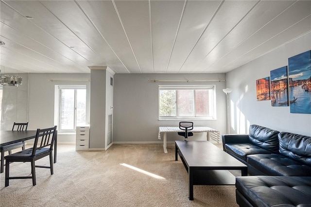 living room with light carpet and wood ceiling