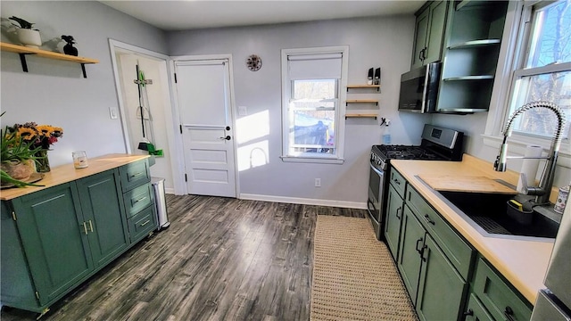 kitchen with sink, stainless steel appliances, green cabinetry, and dark wood-type flooring