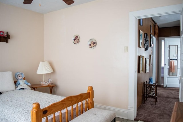 bedroom with ceiling fan and carpet