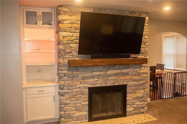 details featuring carpet flooring and a fireplace