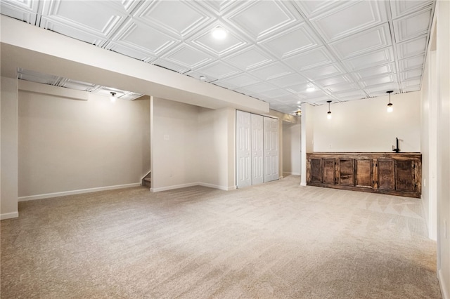 basement with light carpet