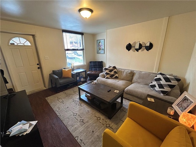 living room with dark wood-type flooring