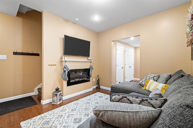 living room with dark hardwood / wood-style floors