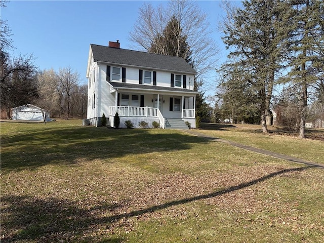 view of front of house with a front lawn, a porch, and a chimney