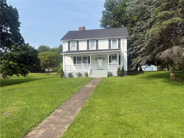 3821-3841 Evergreen Rd, Pulaski Twp Law, PA 16140 - view of front facade featuring covered porch, a chimney, and a front yard