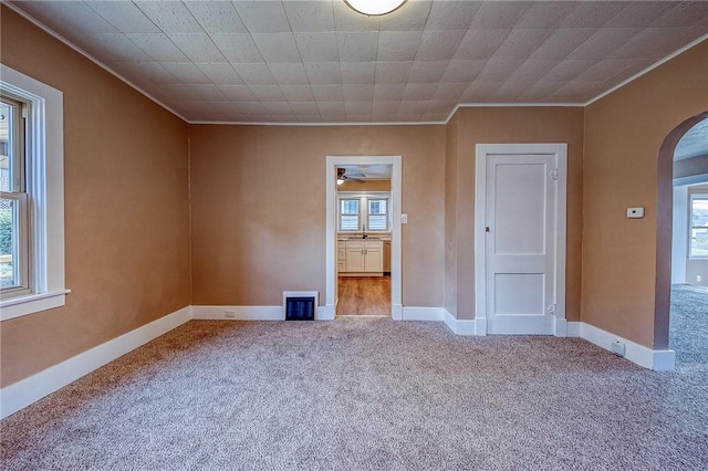 spare room featuring crown molding, sink, and light carpet