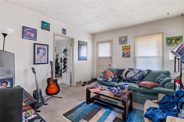 living room with a textured ceiling and carpet floors