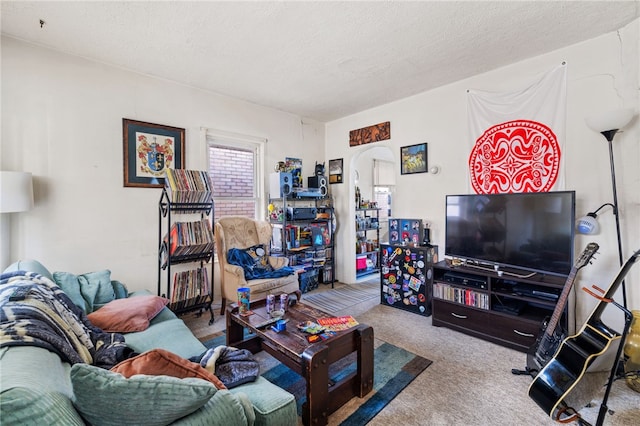 carpeted living room with a textured ceiling