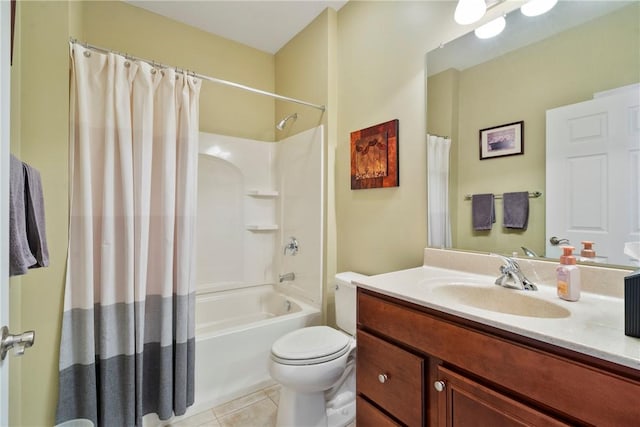 full bathroom with toilet, tile patterned flooring, shower / bathtub combination with curtain, and vanity