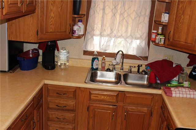 567 Klein Rd, Mill Creek, PA 16145 - kitchen featuring brown cabinetry, open shelves, a sink, and light countertops