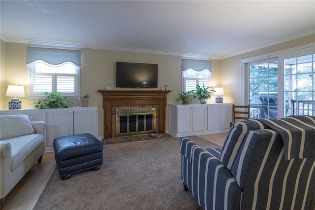 living room with a fireplace, ornamental molding, a textured ceiling, and light hardwood / wood-style flooring