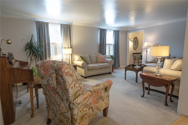 living room featuring light colored carpet and crown molding