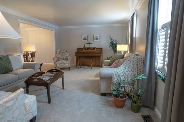 carpeted living room with crown molding