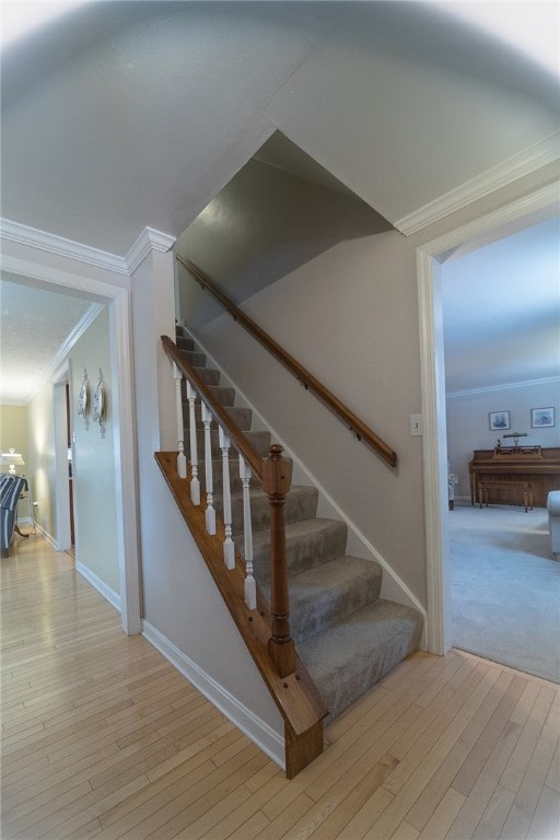 stairway featuring wood-type flooring and crown molding