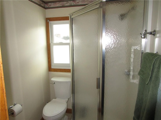 bathroom with toilet and a shower with door