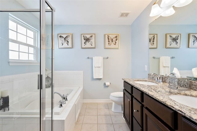 full bathroom with independent shower and bath, vanity, tile patterned floors, and toilet