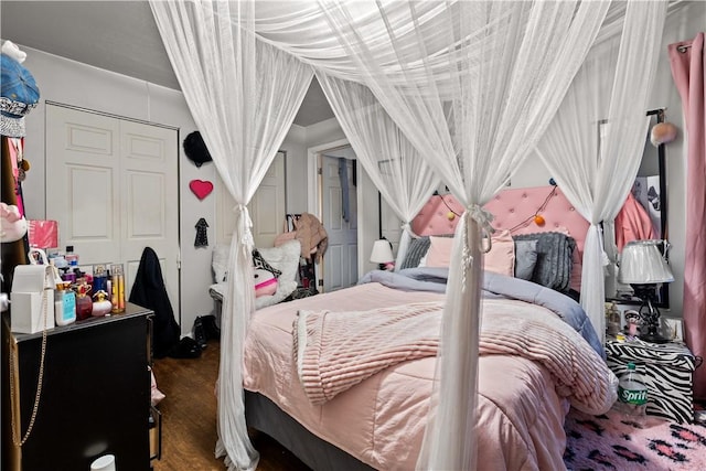 bedroom featuring dark wood-type flooring and a closet