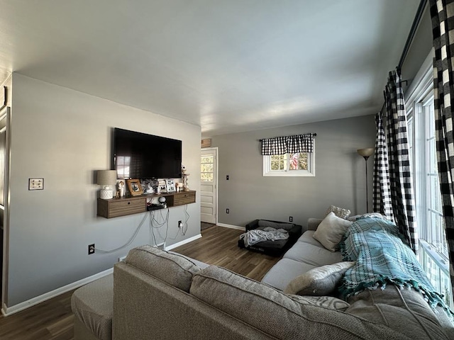 living room with dark hardwood / wood-style floors