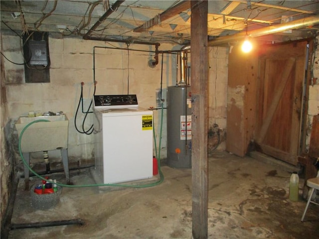 basement featuring sink, washer / clothes dryer, gas water heater, and electric panel