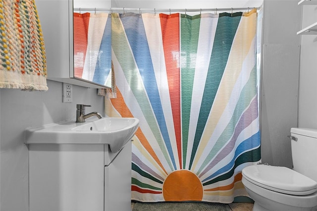 bathroom featuring toilet, vanity, and a shower with curtain