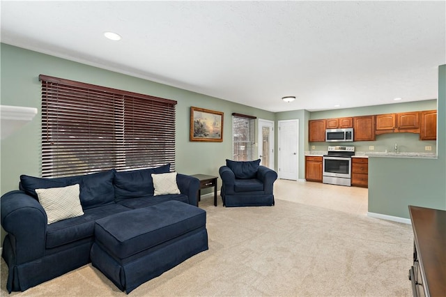 carpeted living room with sink