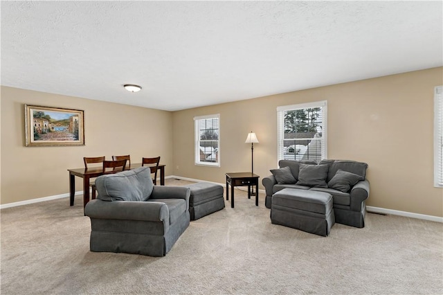 carpeted living room with a textured ceiling