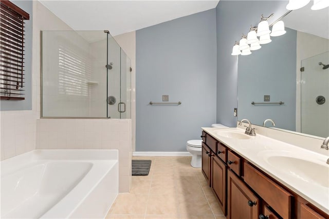 full bathroom with toilet, tile patterned flooring, separate shower and tub, and vanity