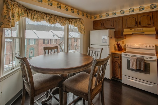 kitchen featuring white appliances and dark wood-type flooring