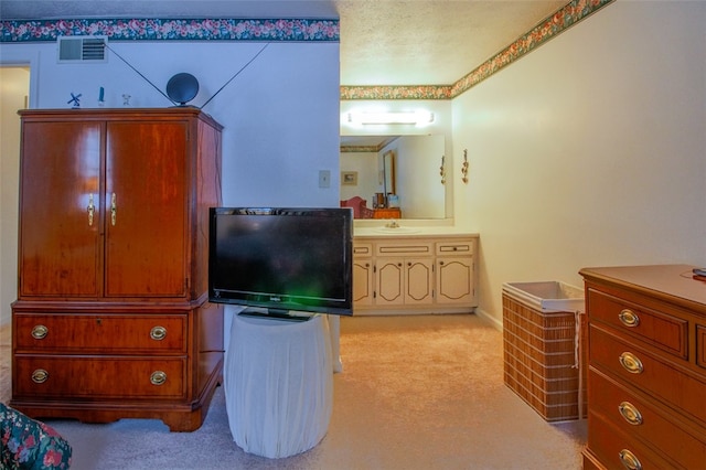 carpeted bedroom featuring sink