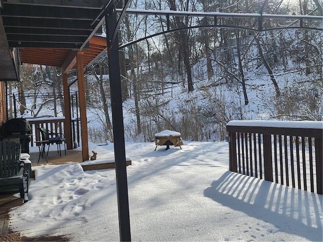 snow covered deck with area for grilling