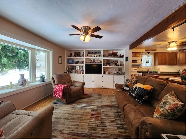 living room featuring wood-type flooring, beamed ceiling, ceiling fan, a textured ceiling, and sink