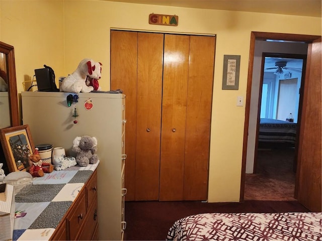 bedroom featuring fridge and a closet