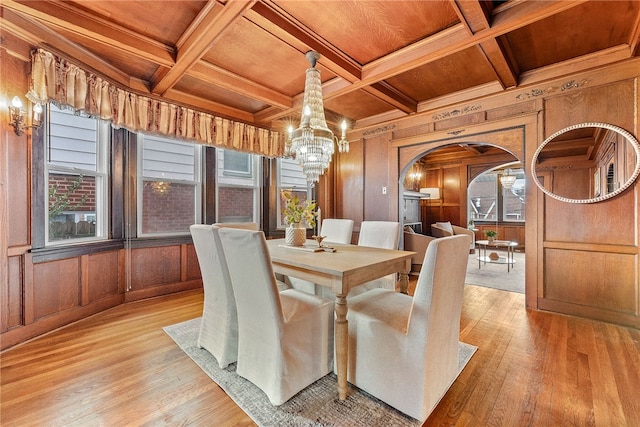 dining room featuring coffered ceiling, wooden ceiling, and wood walls