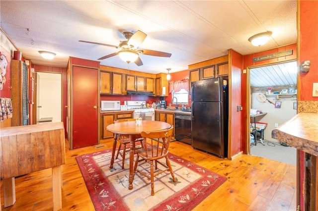 kitchen with black appliances, ceiling fan, light wood-type flooring, and sink