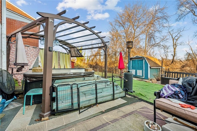 view of patio / terrace featuring a pergola, cooling unit, a storage shed, and an outdoor living space