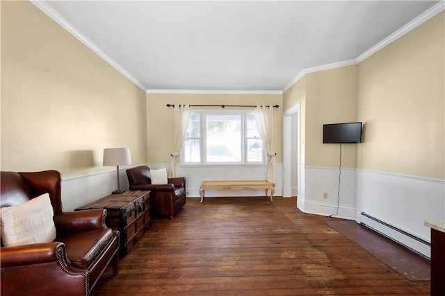 living area with baseboard heating, crown molding, and dark wood-type flooring