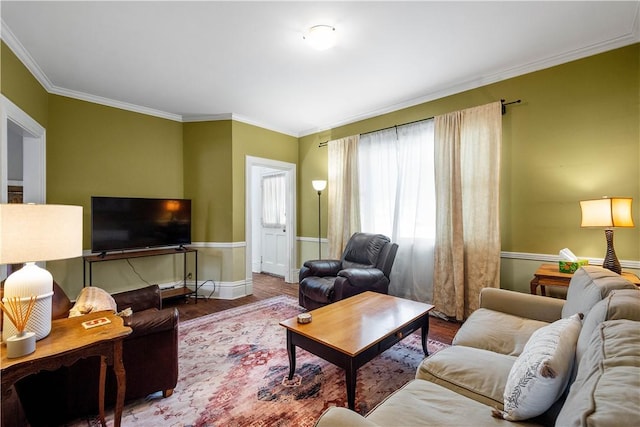 living room with hardwood / wood-style flooring and crown molding