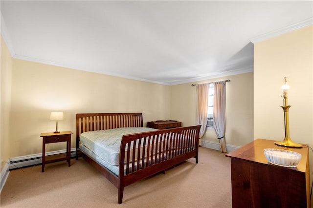 bedroom with a baseboard heating unit, crown molding, and carpet floors