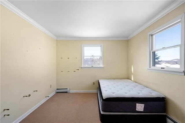 carpeted bedroom featuring ornamental molding and baseboard heating