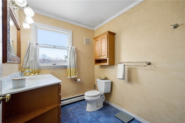 bathroom with tile patterned flooring, toilet, vanity, ornamental molding, and a baseboard radiator