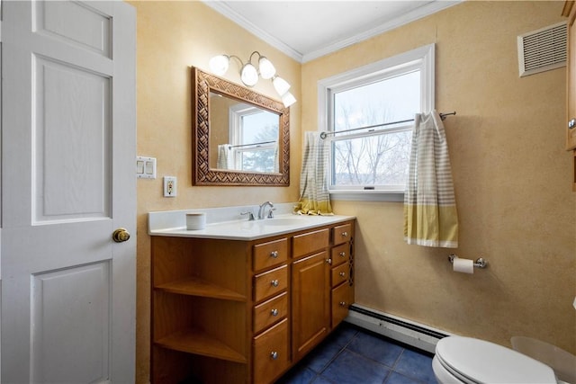 bathroom with tile patterned flooring, toilet, vanity, ornamental molding, and a baseboard radiator