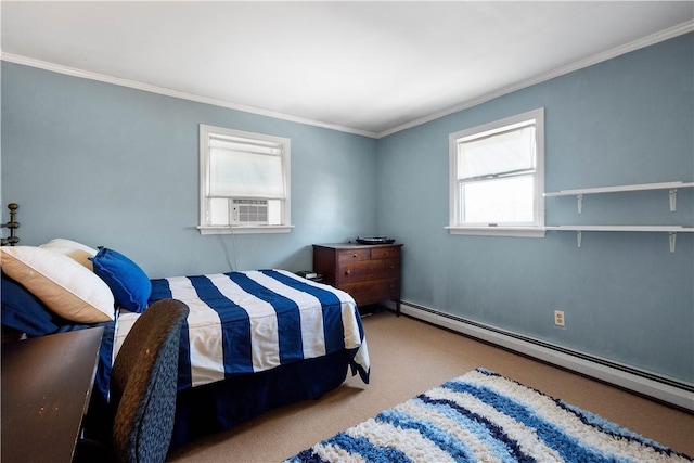 carpeted bedroom with cooling unit, crown molding, and a baseboard heating unit