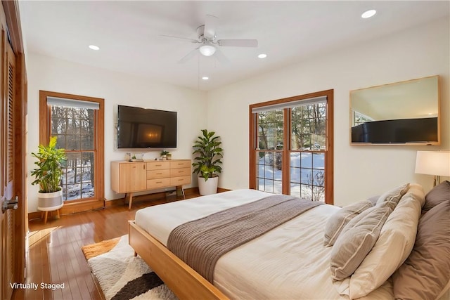 145 Cedar Rdg, Center Twp But, PA 16001 - bedroom with wood-type flooring, recessed lighting, access to outside, and a ceiling fan