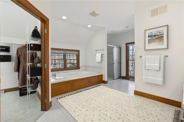 145 Cedar Rdg, Center Twp But, PA 16001 - full bath featuring a shower stall, vaulted ceiling, healthy amount of natural light, a garden tub, and tile patterned floors