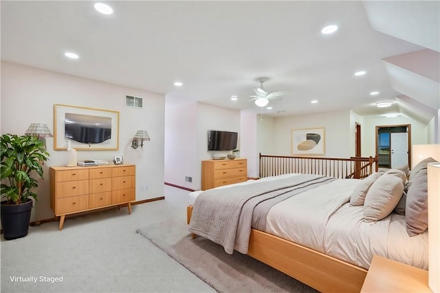 carpeted bedroom featuring ceiling fan