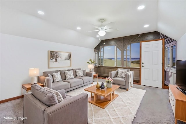 145 Cedar Rdg, Center Twp But, PA 16001 - living room with vaulted ceiling, ceiling fan, baseboards, recessed lighting, and light colored carpet