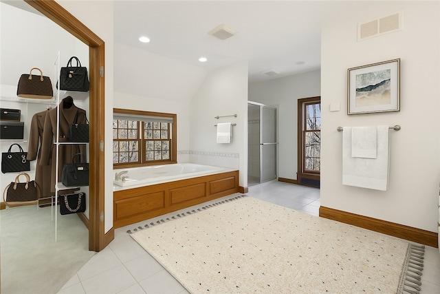 145 Cedar Rdg, Center Twp, PA 16001 - bathroom featuring a stall shower, tile patterned floors, a bath, vaulted ceiling, and recessed lighting