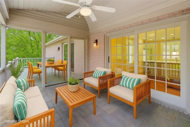 145 Cedar Rdg, Center Twp, PA 16001 - sunroom with an outdoor living space, vaulted ceiling, a ceiling fan, and outdoor dining area